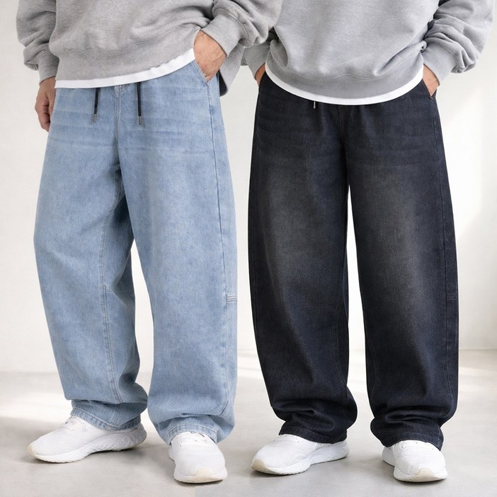 테이크잇컴퍼니 남성 와이드핏 데님 밴딩 스트링 청바지