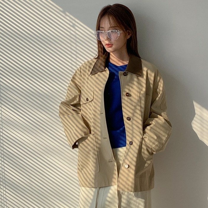 반에이크 여성용 배색 카라 포켓 자켓