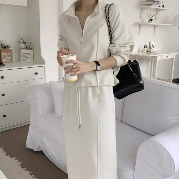 얇은기모 레트로 스포티지 트레이닝 반집업 롱스커트 투피스세트 셋업 데일리 빅사이즈