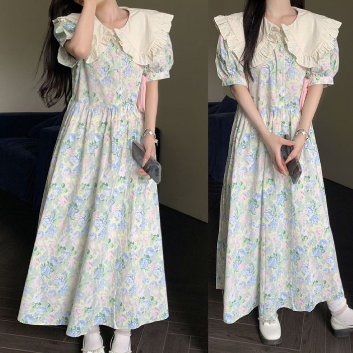 (대박난) 150kg까지 빅사이즈 여성 프렌치 숄카라 어깨 퍼프 허리꼬임 플라워 반팔 원피스 여름 편한 로맨틱 프린트 버튼 벨티드 프릴 휴양지 플레어 모던 우아한 데이트룩 원피스