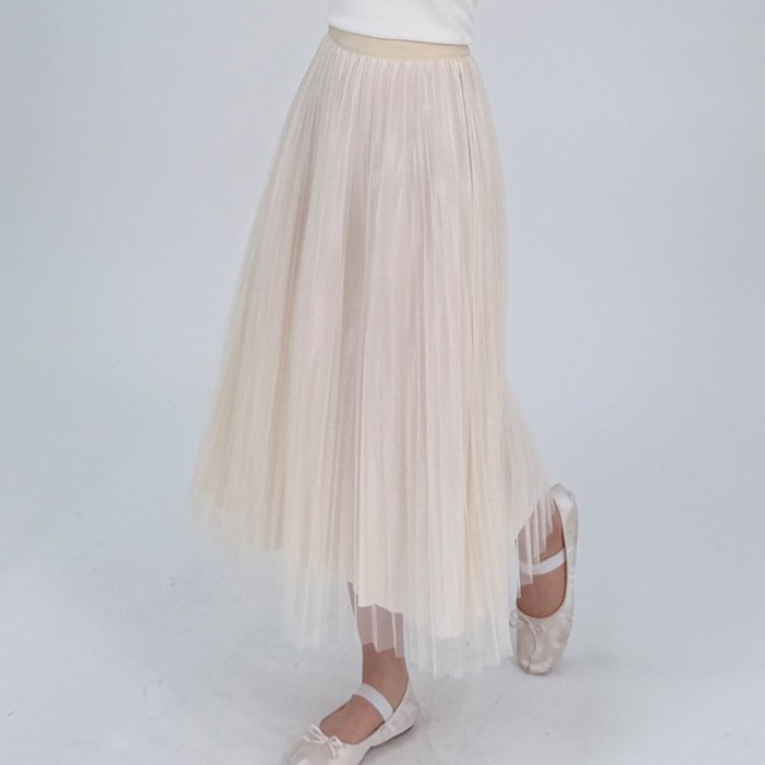 글로우 더블 플리츠 밴딩 플레어 레이스 샤 스커트