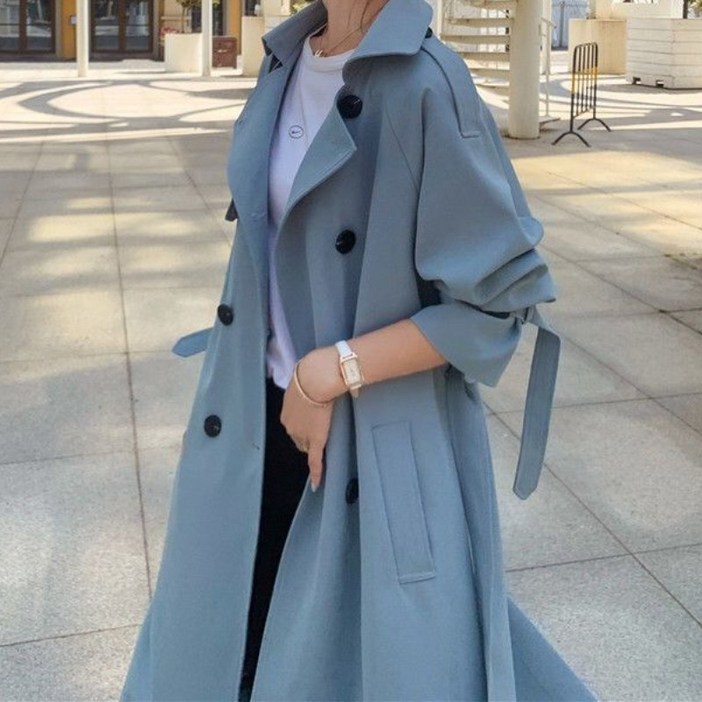 PETITBATH 여성용 클래식 더블버튼 벨티드 A라인 트렌치코트 허리스트랩 미디기장 250801WTWZS3493