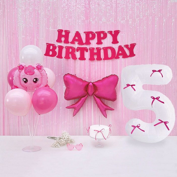 파티아일랜드 HBD 하츄핑 리본 파티 세트 티니핑 공주 생일 풍선, 1세트, 숫자 5