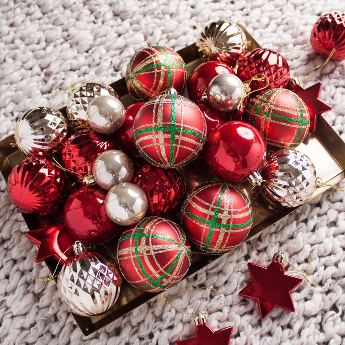 땡큐마더 크리스마스 트리 장식 오너먼트 레드 체크볼 세트 35pcs