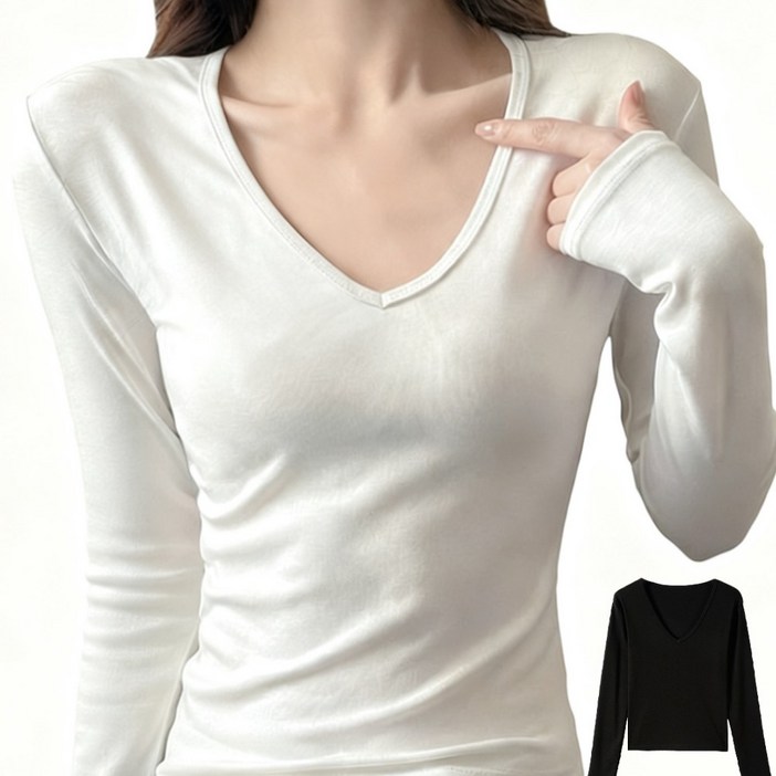 여성 텐셜 봄 가을 슬림핏 브이넥  긴팔 티셔츠1+1