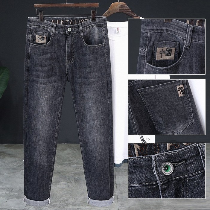 청바지 남성 바지 조수 브랜드 가을 새로운 스트레치 슬림 작은 스트레이트 튜브 남성면 블렌드 자수 바지 남성