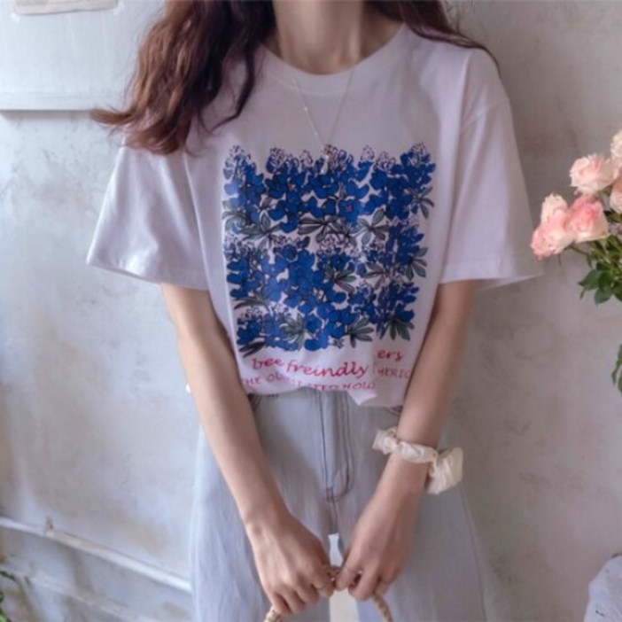 리린크리마드 썸머블루 플라워 여유핏 여리 티2016762