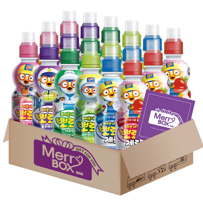 메리박스 뽀로로음료 18개밀크제로3딸기제로3사과3샤인머스캣3블루베리3복숭아3메세지카드, 235ml, 18개