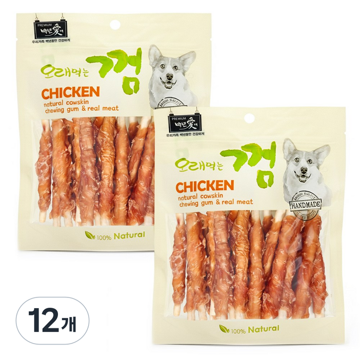 백년애 고기가 2배 이상 말린 오래먹는 강아지껌, 닭고기 스틱, 250g, 12개