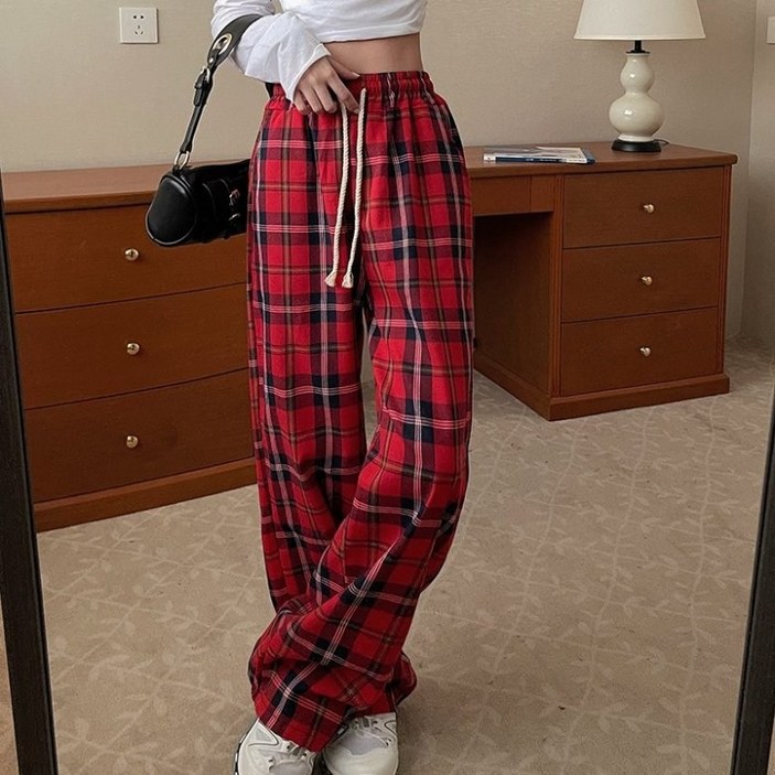 아이엠몽 여성용 도세라 밴딩 와이드 체크 롱 팬츠