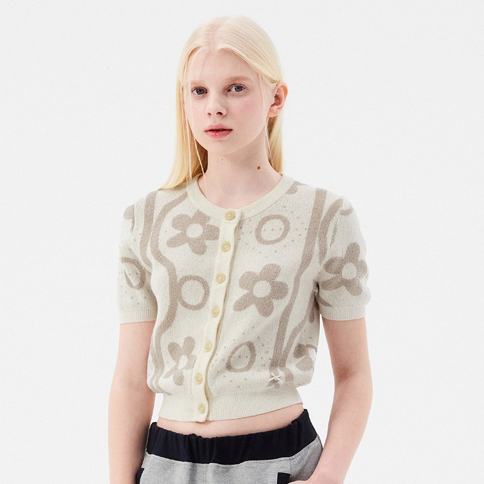키르시 여성용 CHERRY JACQUARD PATTERN SHORT SLEEVE CARDIGAN