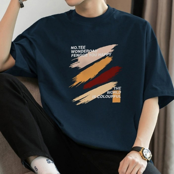 제이티엘 남성용 컬러풀 페인팅 라운드넥 반팔 티셔츠