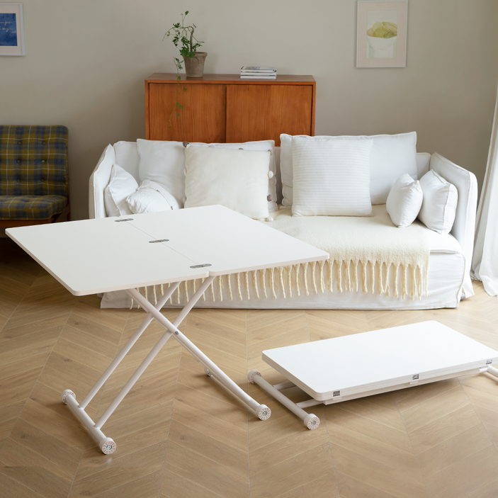 Precious Evyday 확장형 테이블상판 다용도 접이식 리프트 테이블 높이조절 거실 식탁 티 테이블, 아이보리