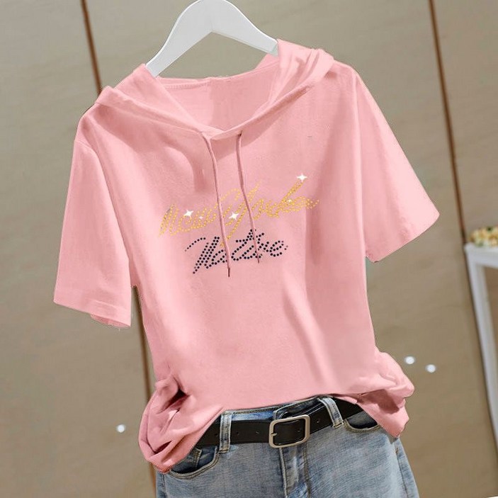 빌리즈빈 여름 여성 캐주얼 큐빅 반팔 후드 티셔츠 G1247