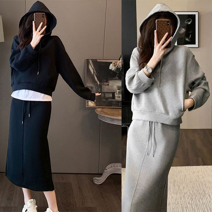 비비디아 Bibidia 여성 캐주얼 후드티 +치마세트  롱스커트 투피스 트레이닝세트 5386 (S~2XL)