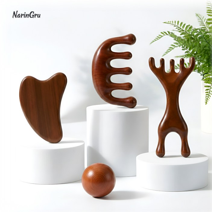 천연목 나린그루 나무 괄사 얼굴 두피 바디 마사지기 4종세트