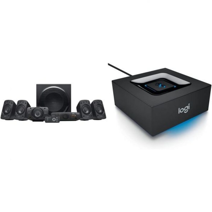 로지텍 Z906 서라운드 사운드 스피커 시스템 번들 및 블루투스 오디오 어댑터 포함
