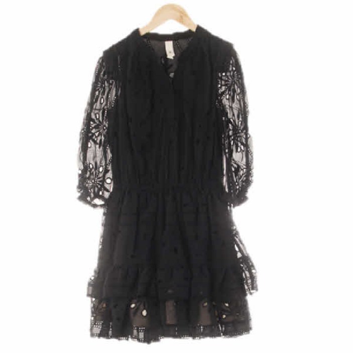 0192 오즈세컨 블랙 빅플라워자수패턴 헨리넥실키7부원피스 90