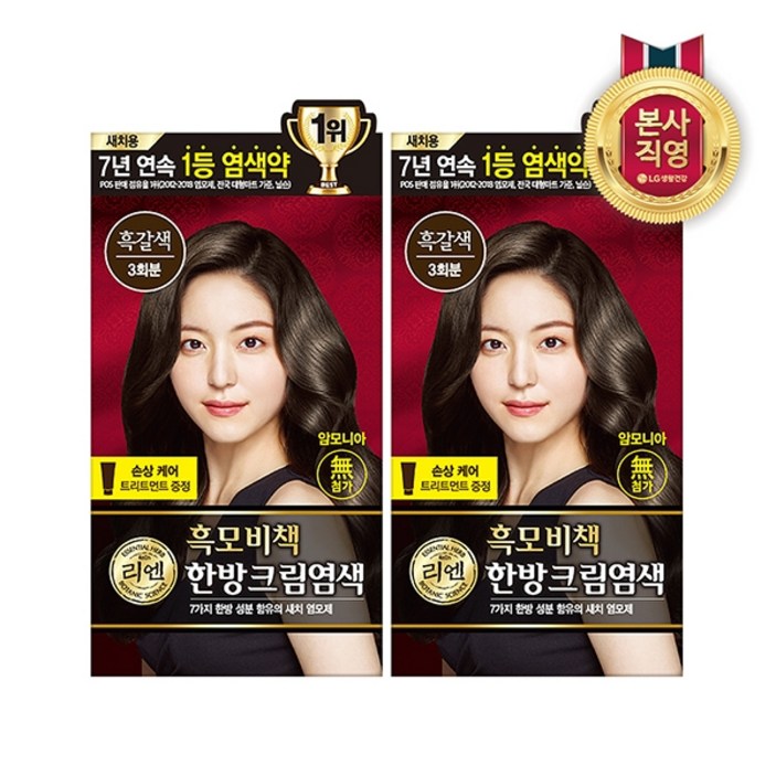 LG생활건강 리엔 흑모비책 크림 염색약 120g 흑갈색 x 2개 LG생활건강 리엔 흑모비책 크림 염색약 120g 흑갈색 x 2개