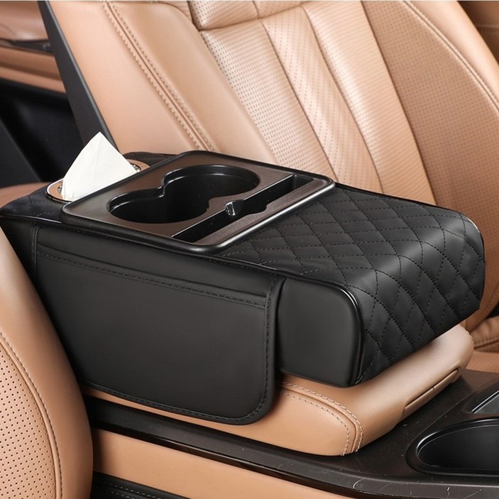 라워스 다중수납 차량용 컵홀더 콘솔 쿠션, 블랙, 1개