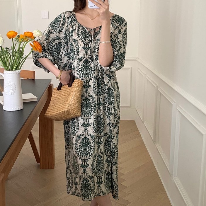 허블리 여성 원피스 휴가 홈웨어 체형커버 냉감소재 롱원피스