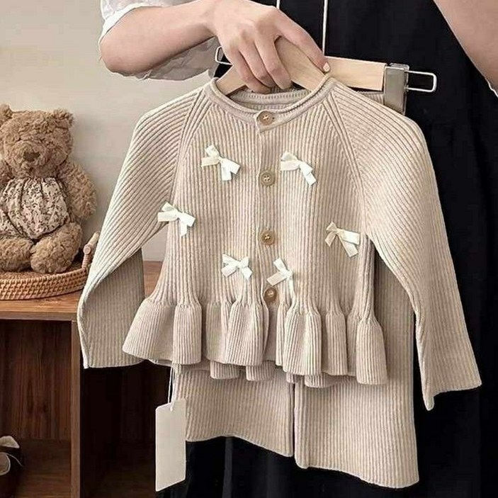 해피팡팡 - 가을 겨울 여아 니트상하세트 리본 가디건 + 니트바지세트 (크림리본 프릴 니트세트 100~130호) 여아 아동 유아 니트 바지 상하의세트 가을 가디건 니트바지세트