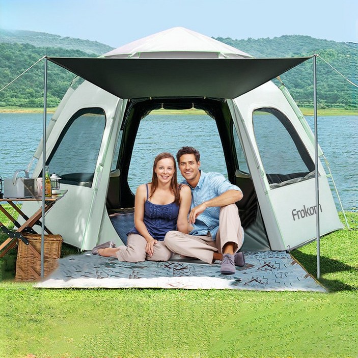 [캠핑세일]Frokom 자동 원터치텐트 대형텐트 육각 돔텐트 방수 자외선차단 캠핑텐트 5-8인용, 화이트