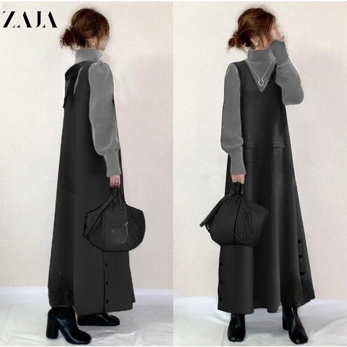 ZAJA 여성 겨울 원피스  긴팔 브이넥 배색 루즈핏 롱원피스