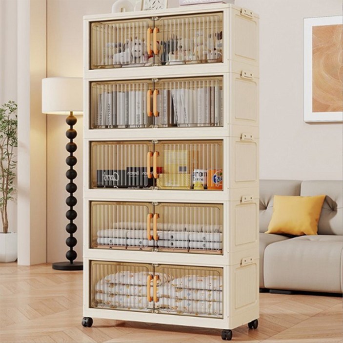 라이프핵 무설치 이동식 접이식 옷장 대용량 폴딩 수납장 플라스틱 양문형 바퀴형 정리함 5단, 단일색상