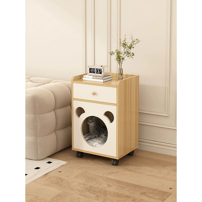 고양이 협탁 침실 반려동물 따뜻한 수납 서랍형 서랍 포함 라이트월넛 40×40
