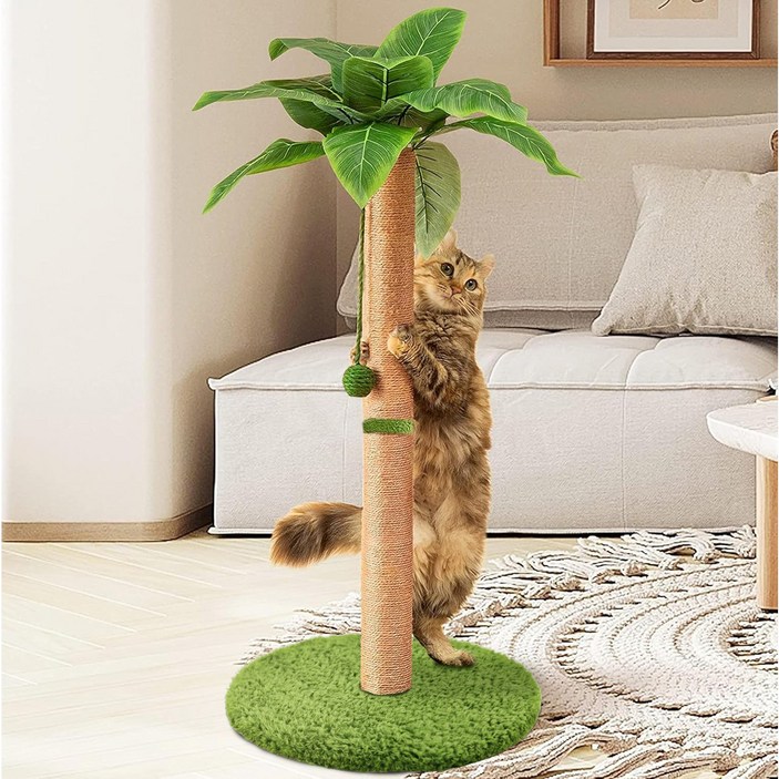 정글 링 트리 대형 원목 캣타워  마닐라삼 스크래쳐  야자수 잎그린 공장난감, 1개, 녹색 잎사귀
