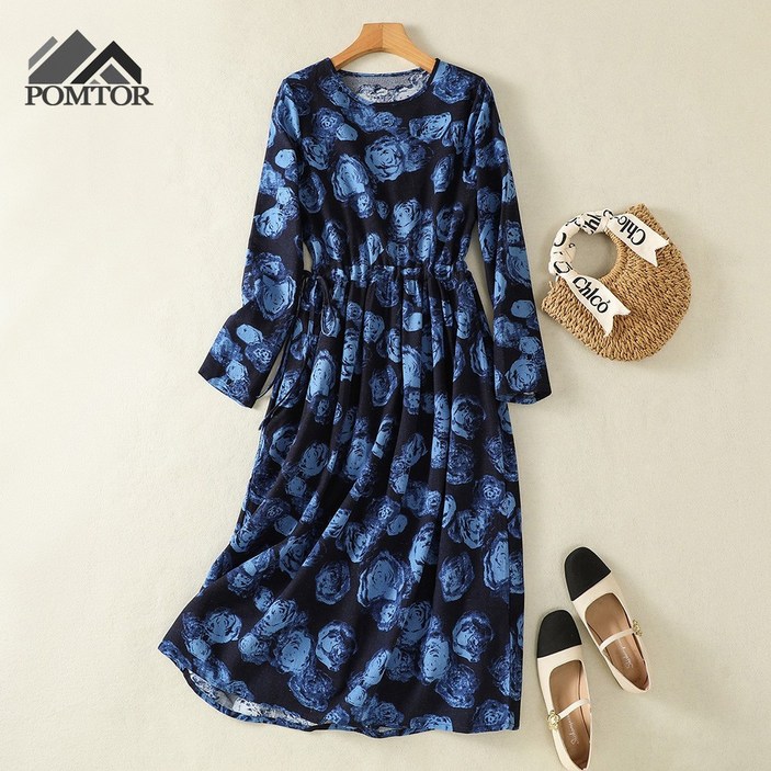 POMTOR 봄 가을 여성 긴팔 원피스 면마 라운드 허리 조임 A라인 루즈핏 빅 사이즈 원피스