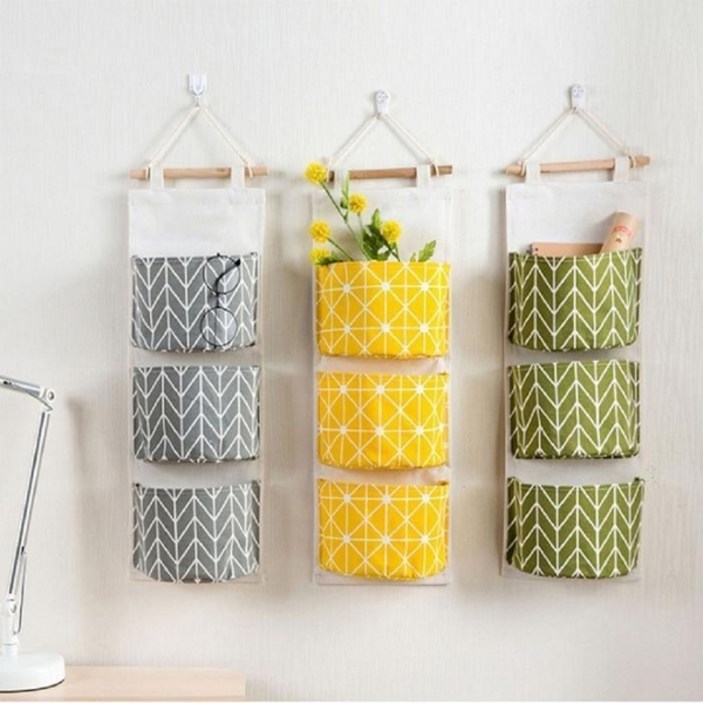 린넨 벽걸이 포켓 보관함 수납함 벽면 3단 수납 거실 인테리어