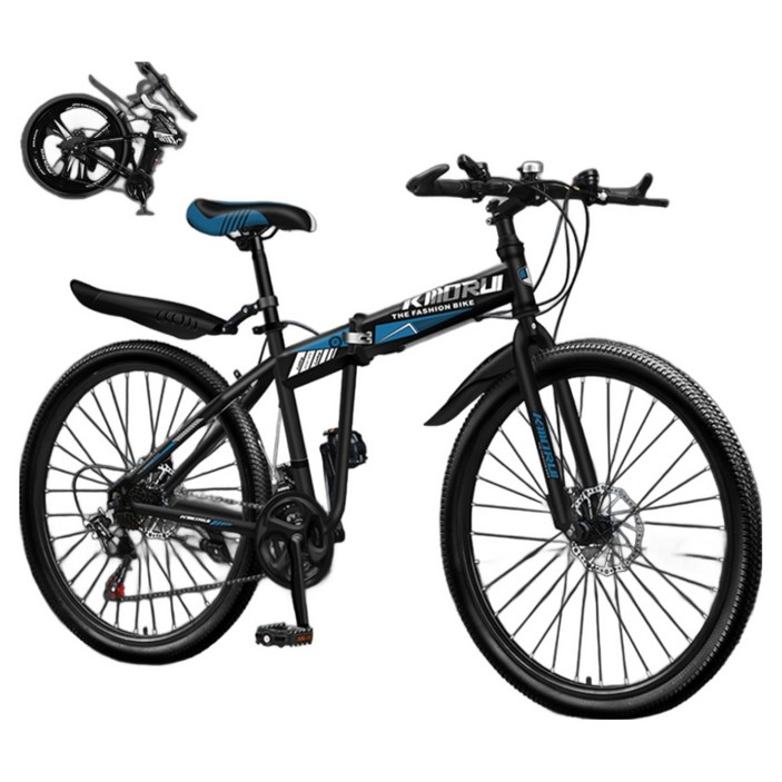 GT 충격흡수 MTB 산악 접이식 자전거 24인치 26인치 입문용 휴대용 가성비 출퇴근, 스포크휠 블랙 앤 블루, 1개, 67cm