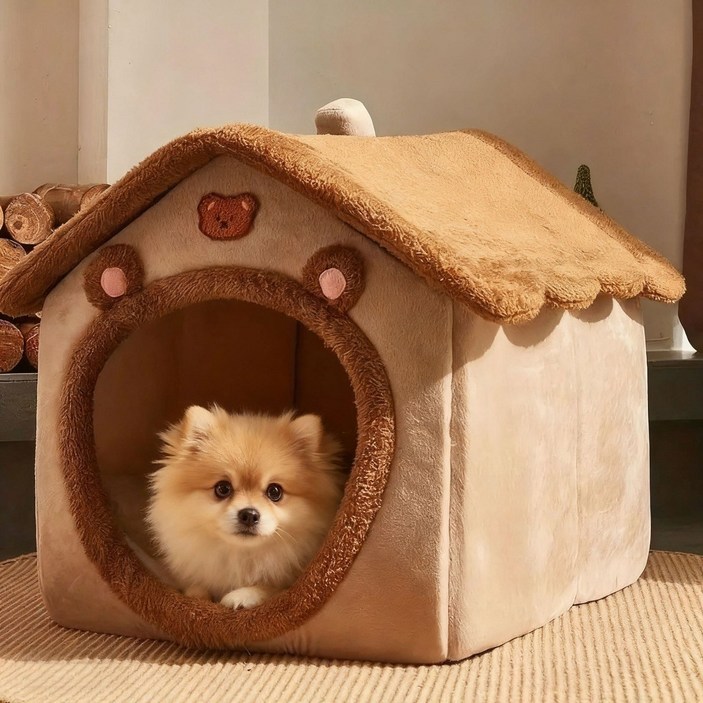 아이실린 겨울용 강아지 고양이 따뜻한 방석 하우스 탈부착 가능, 1개, 브라운