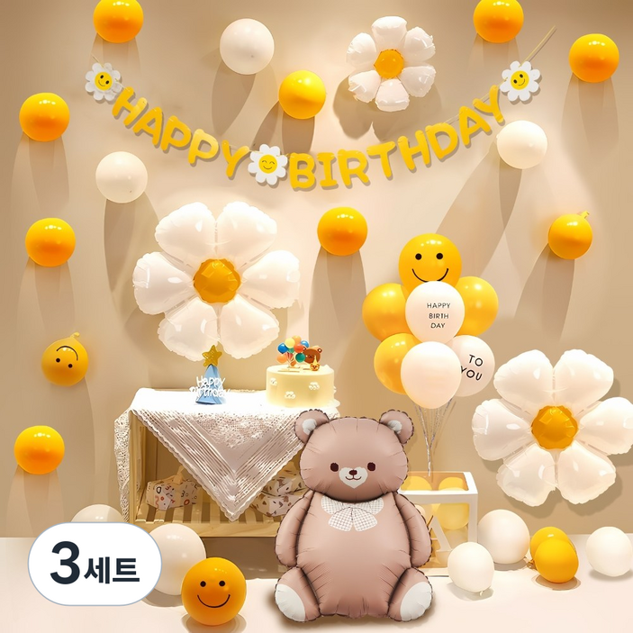 원그리드 생일 파티 풍선 세트, 3세트, 옐로 플라워베어
