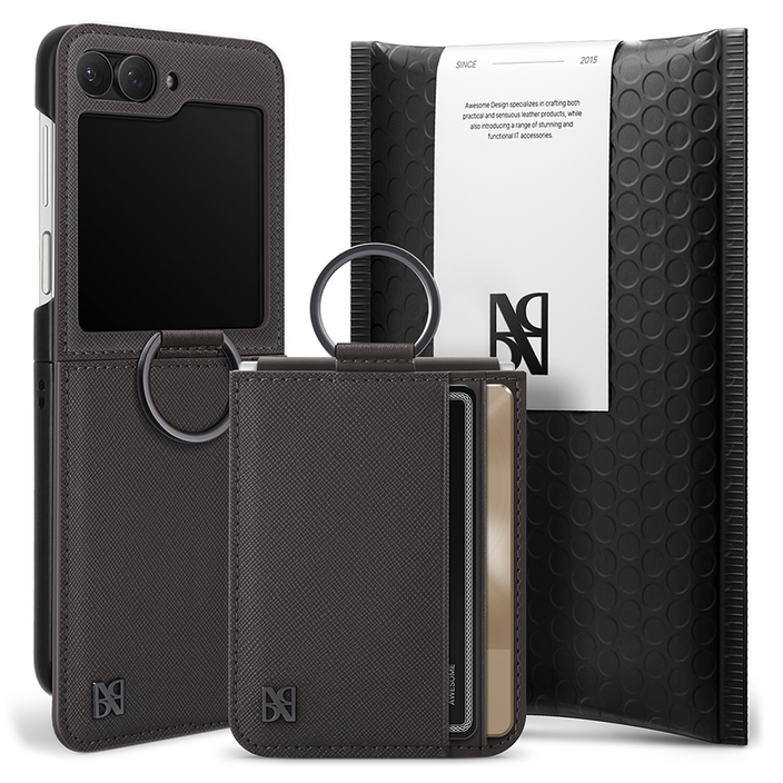 어썸디자인 오블리크 힌지 보호 수제 가죽 카드 지갑 휴대폰 케이스  링 세트