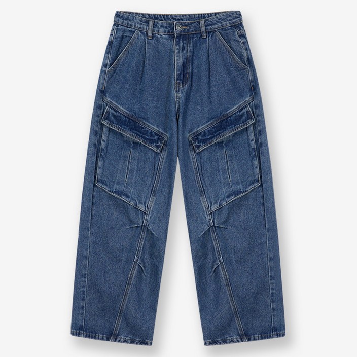 제이에이치스타일 남성용 프론트 빅카고 와이드 워싱 데님 팬츠 INROK633