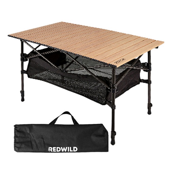 메이튼 레드와일드 높이조절 캠핑 경량 롤 테이블  수납 매쉬망  보관 파우치 세트, 우드