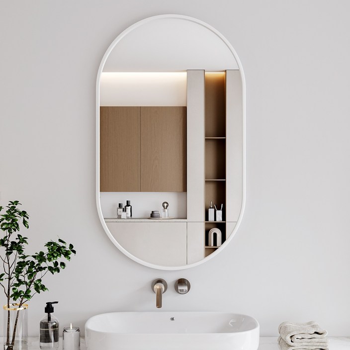 뷰티피크 타원형 벽거울 화장대거울 욕실거울 강화안전유리, 화이트51cm