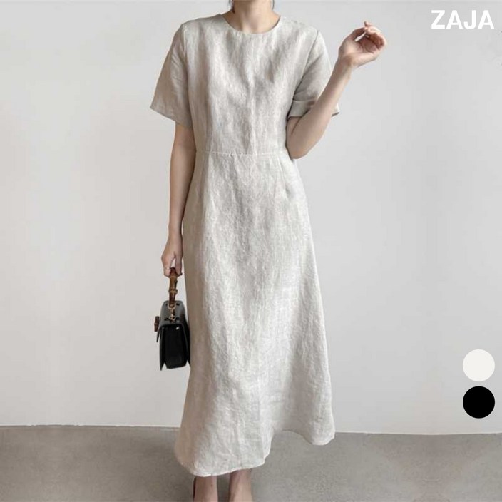 ZAJA 여성 린넨 롱원피스 여름 편한 반팔 원피스