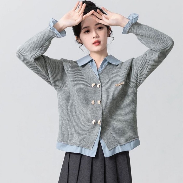 ROYALBELLE 여성 셔츠 배색 카라넥 포인트 버튼 니트 레이어드 스타일 숏핏 감성 데일리 가디건 B0081939