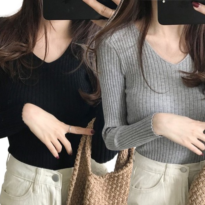 마르 여성용 브이넥 슬림 골지 니트 2p