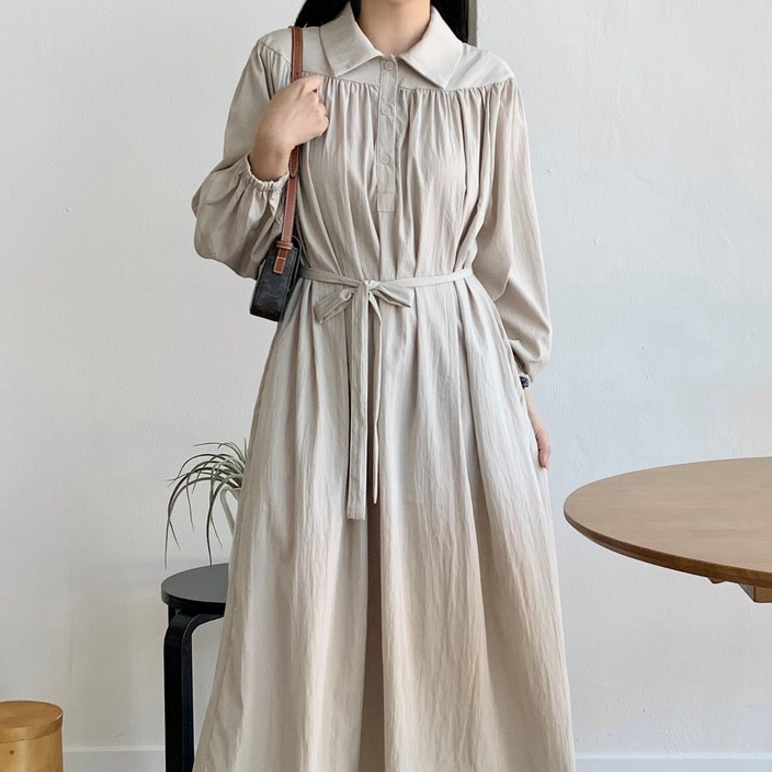 더한땀 빅사이즈 버튼 카라 롱 원피스 봄 가을 하객룩