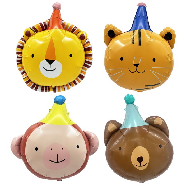 쏙쏙마켓 동물친구들 은박풍선 고깔모자 생일파티용품, 1개, 고깔모자 동물 4종 세트