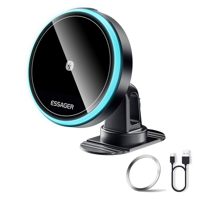 Essager 마그네틱 차량용 충전기 LED 라이트 맥세이프 15w 고속 무선충전+송풍구형 거치대, 흡착형