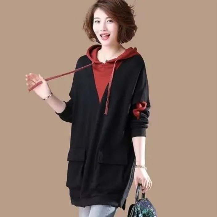 MOSAIRATION 한국트렌드 오버핏 봄가을 빅사이즈 코디 5060대 배색디자인 얇은 후드 맨투맨 여성 의류 H16