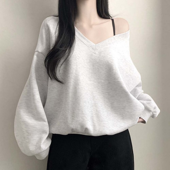 기모선택브이넥 원숄더 박시핏 오버핏맨투맨 긴팔티셔츠