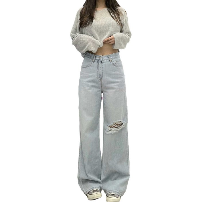 파이 여성용 편안한 세미와이드 디스트로이드진 찢청바지