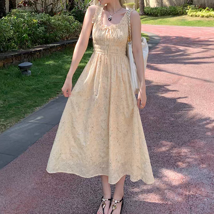 여성 바캉스 플라워 롱 원피스 나시 A라인 체형커버 여름